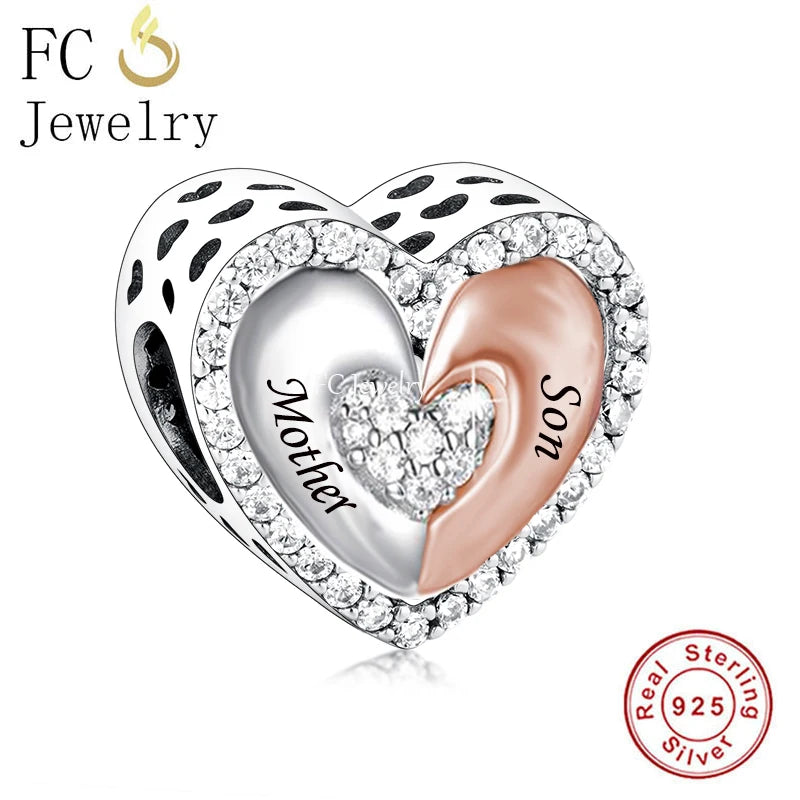 Sterling Silver Mother Son Heart Love Bracelet Charm
