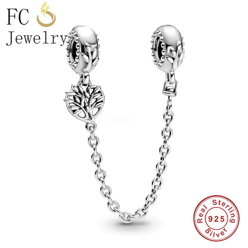 925 Sterling Silver Tree of Life Beads Safety Chain Bracelet Charms