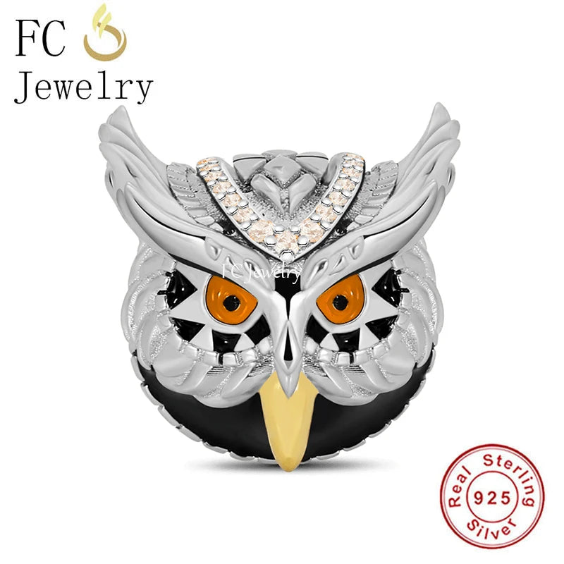 925 Sterling Silver Orange Eye Owl Bead for Charm Bracelet