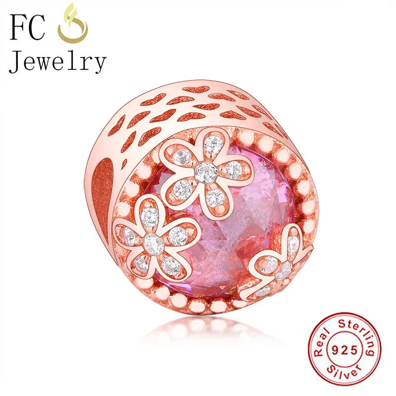 925 Silver Rose Daisy Pink Bead Charm Bracelet for Women