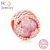 925 Silver Rose Daisy Pink Bead Charm Bracelet for Women