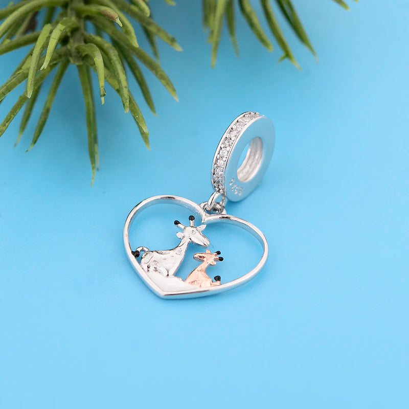 925 Silver Mom & Baby Giraffe in Heart Bead Jewelry Fit Pan Charms Bracelet