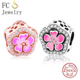 Sterling Silver Pink Flower Bead Bracelet Charm