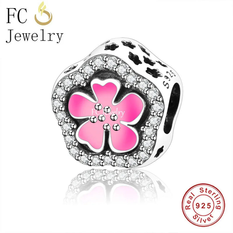 Sterling Silver Pink Flower Bead Bracelet Charm