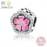 Sterling Silver Pink Flower Bead Bracelet Charm