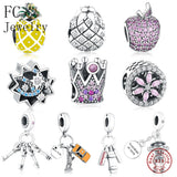 925 Silver Heart Key Pink Zircon Crystal Bracelet Charm Pendant
