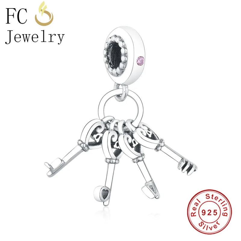 925 Silver Heart Key Pink Zircon Crystal Bracelet Charm Pendant
