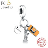 925 Silver Heart Key Pink Zircon Crystal Bracelet Charm Pendant