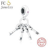925 Silver Heart Key Pink Zircon Crystal Bracelet Charm Pendant
