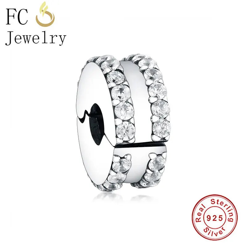 925 Silver Circle Pave Zircon Stopper Clip Bead Panddora Charm Bracelet