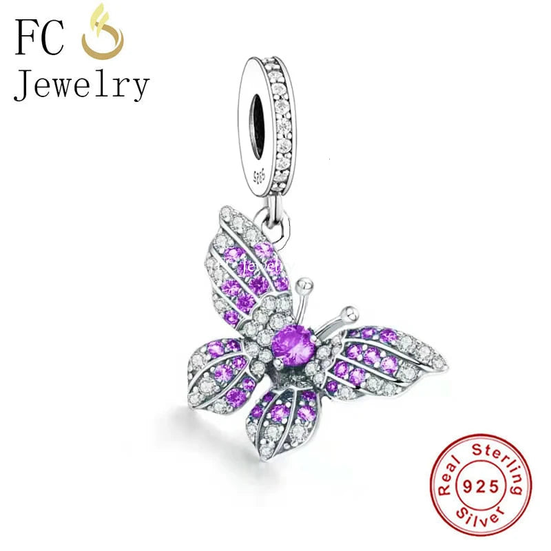 925 Silver Purple CZ Crystal Butterfly Bead Charm Bracelet for Women