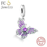 925 Silver Purple CZ Crystal Butterfly Bead Charm Bracelet for Women