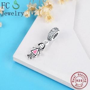 925 Sterling Silver Little Girl Pin Dress Beads Pendant Berloque