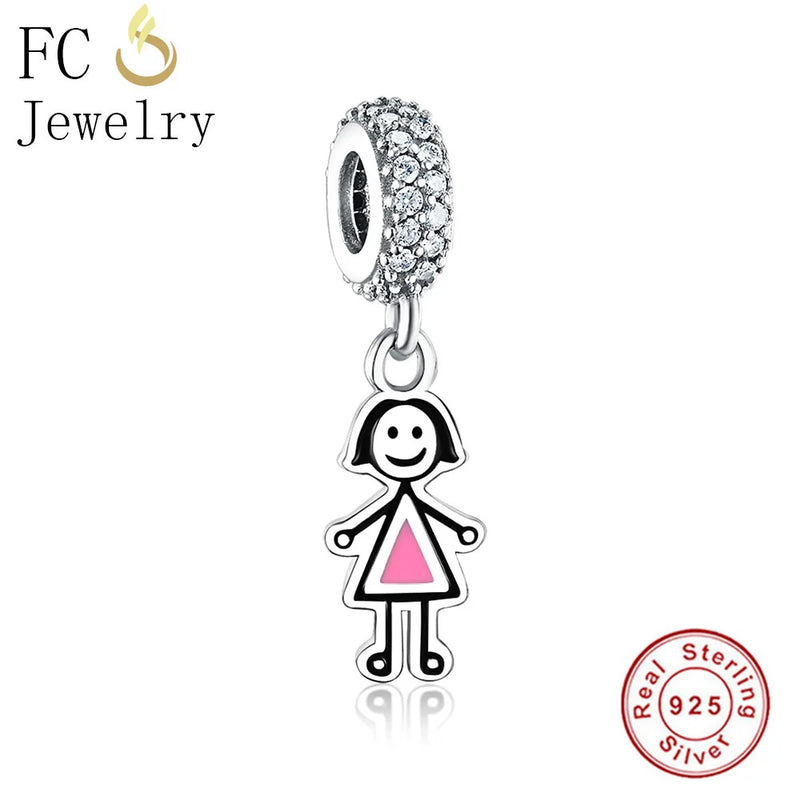 925 Sterling Silver Little Girl Pin Dress Beads Pendant Berloque