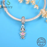 925 Sterling Silver Little Girl Pin Dress Beads Pendant Berloque