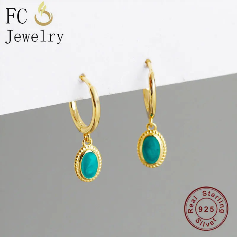 925 Silver Plate Green Enamel Bead Pendant Hoop Earring