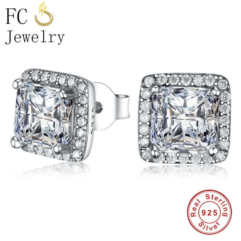 925 Sterling Silver Square CZ Stud Earrings for Women