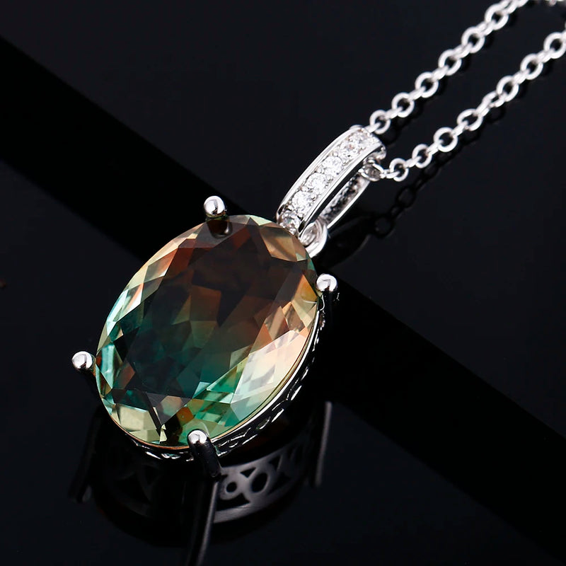 Large Elliptical Tourmaline Zircon Pendant Necklace