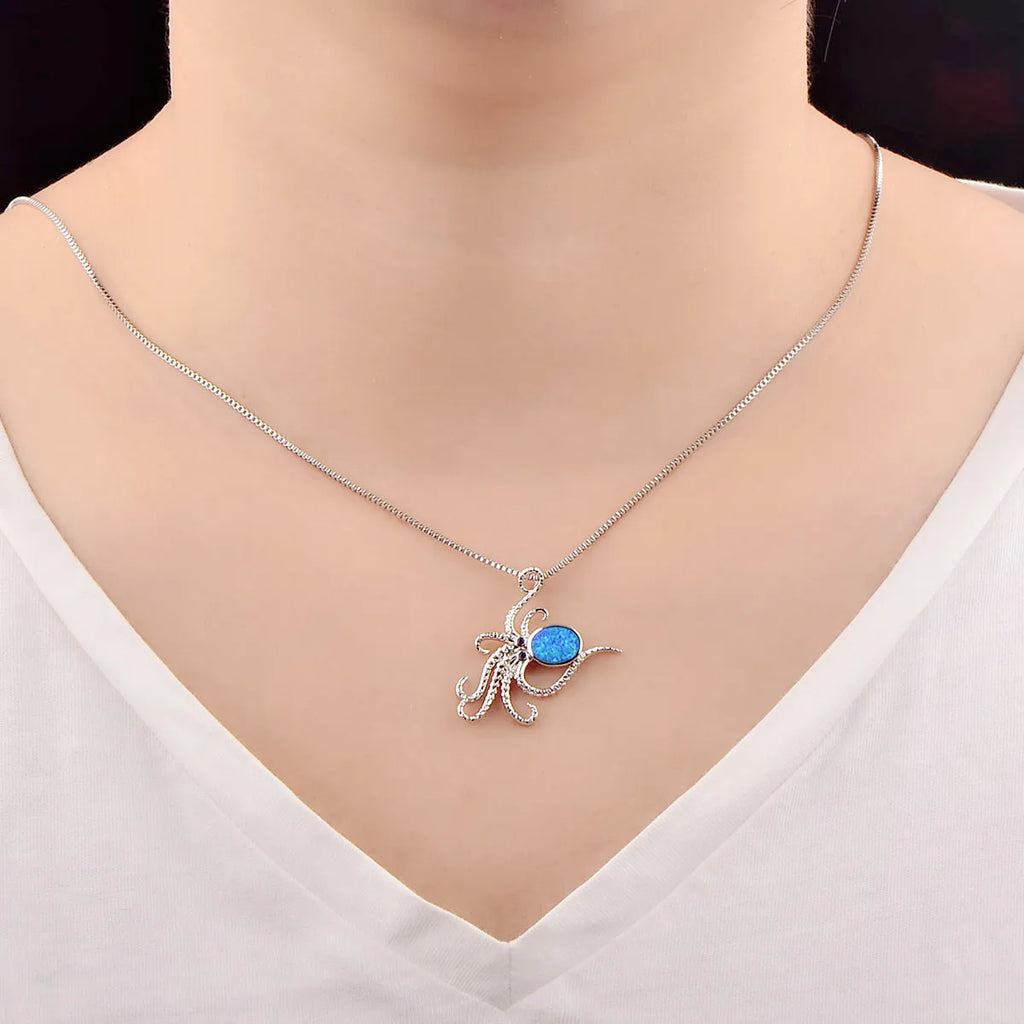 Vintage Silver Octopus Pendant Necklace Fire Opal Jewelry