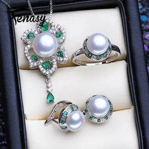 925 Silver Emerald Jewelry Set Natural Pearl Earrings Necklace Women
