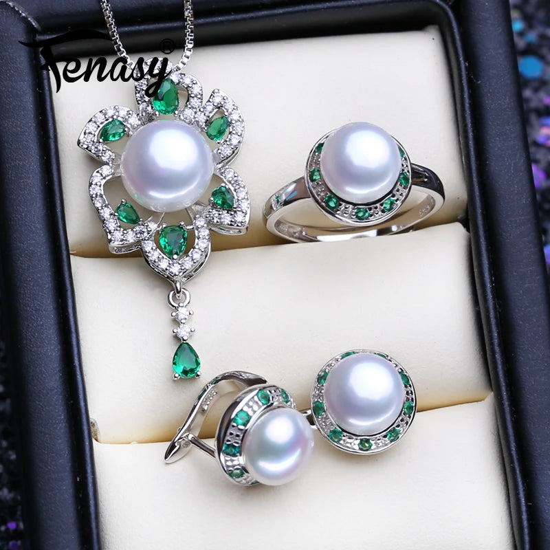 925 Silver Emerald Jewelry Set Natural Pearl Earrings Necklace Women