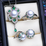 925 Silver Emerald Jewelry Set Natural Pearl Earrings Necklace Women