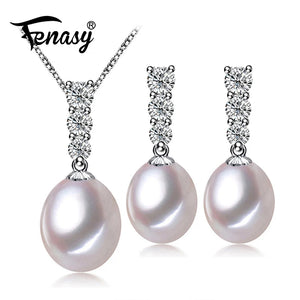 925 Silver Jewelry Set, Pearl Drop Earrings, Necklace Pendant Chain