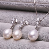 925 Silver Jewelry Set, Pearl Drop Earrings, Necklace Pendant Chain