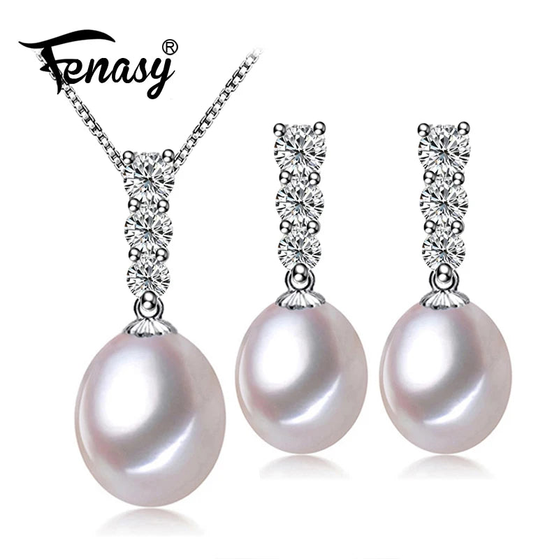 925 Silver Jewelry Set, Pearl Drop Earrings, Necklace Pendant Chain