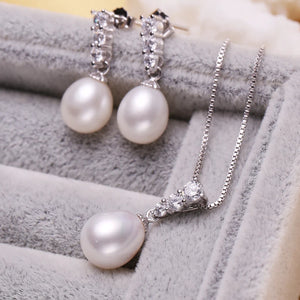 925 Silver Jewelry Set, Pearl Drop Earrings, Necklace Pendant Chain