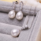 925 Silver Jewelry Set, Pearl Drop Earrings, Necklace Pendant Chain