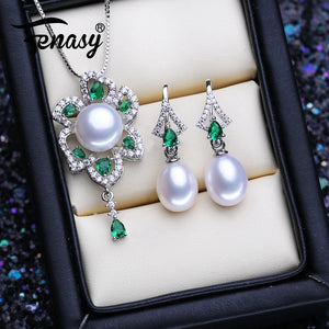 925 Silver Jewelry Set Natural Pearl Earrings Bohemian Emerald Pendant Necklace