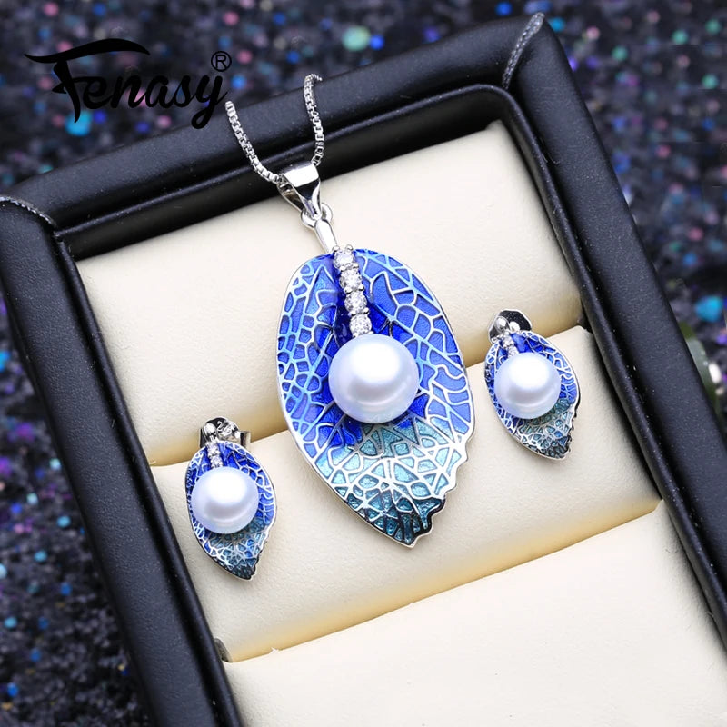 925 Silver Jewelry Set: Pearl Stud Earrings & Leaf Necklaces
