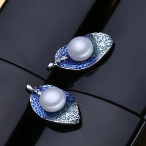 925 Silver Jewelry Set: Pearl Stud Earrings & Leaf Necklaces