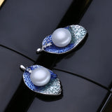 925 Silver Jewelry Set: Pearl Stud Earrings & Leaf Necklaces
