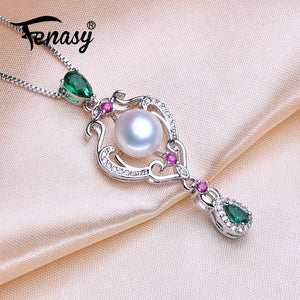 925 Silver Emerald Ruby Pendant Bohemian Pearl Necklace