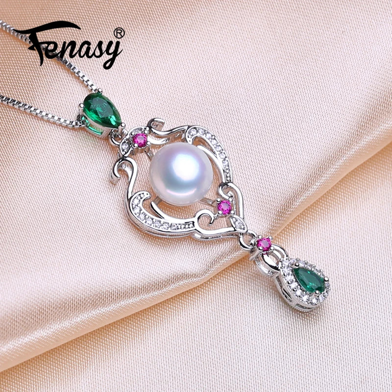 925 Silver Emerald Ruby Pendant Bohemian Pearl Necklace