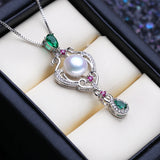 925 Silver Emerald Ruby Pendant Bohemian Pearl Necklace
