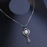 925 Silver Emerald Ruby Pendant Bohemian Pearl Necklace