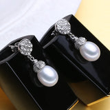 925 Silver Pearl CZ Drop Earrings for Women