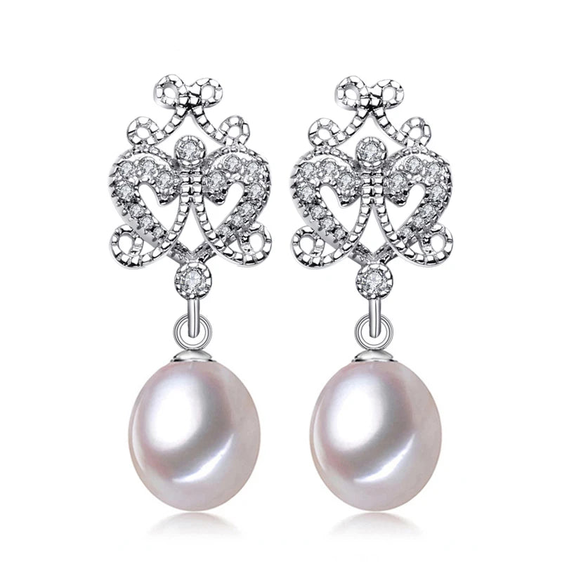 925 Silver Pearl CZ Drop Earrings for Women