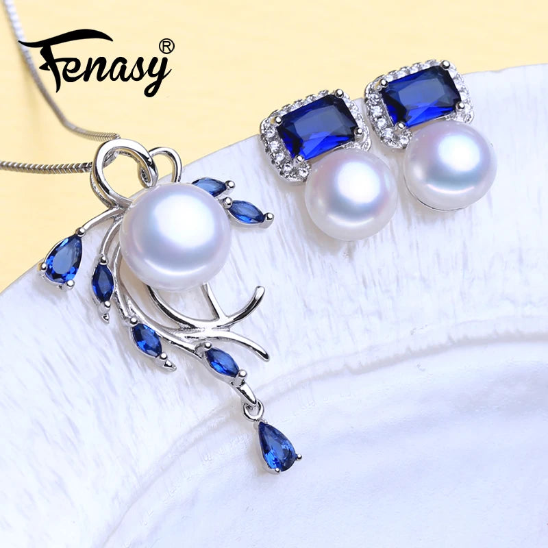 Bohemian Sapphire Pendant Set 925 Silver Natural Pearl Jewelry