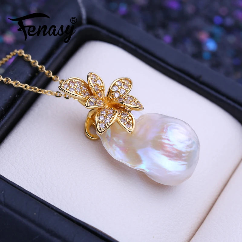 Big Baroque Pearl Pendant Necklace Flower Wedding Jewelry