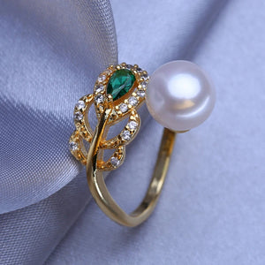 Bohemian Adjustable Emerald Ring Freshwater Pearl Women Jewelry