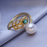 Bohemian Adjustable Emerald Ring Freshwater Pearl Women Jewelry