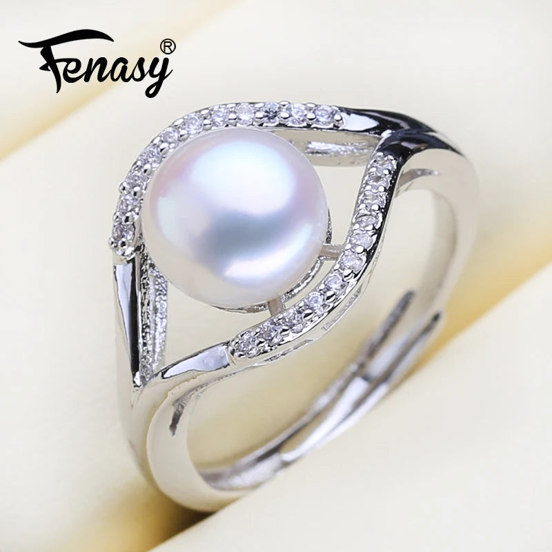 Freshwater Pearl Zircon Party Silver Adjustable Rings Women