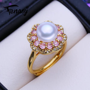 Natural Freshwater Pearl Zircon Adjustable Women's Ring Fine Bridal Jewelry