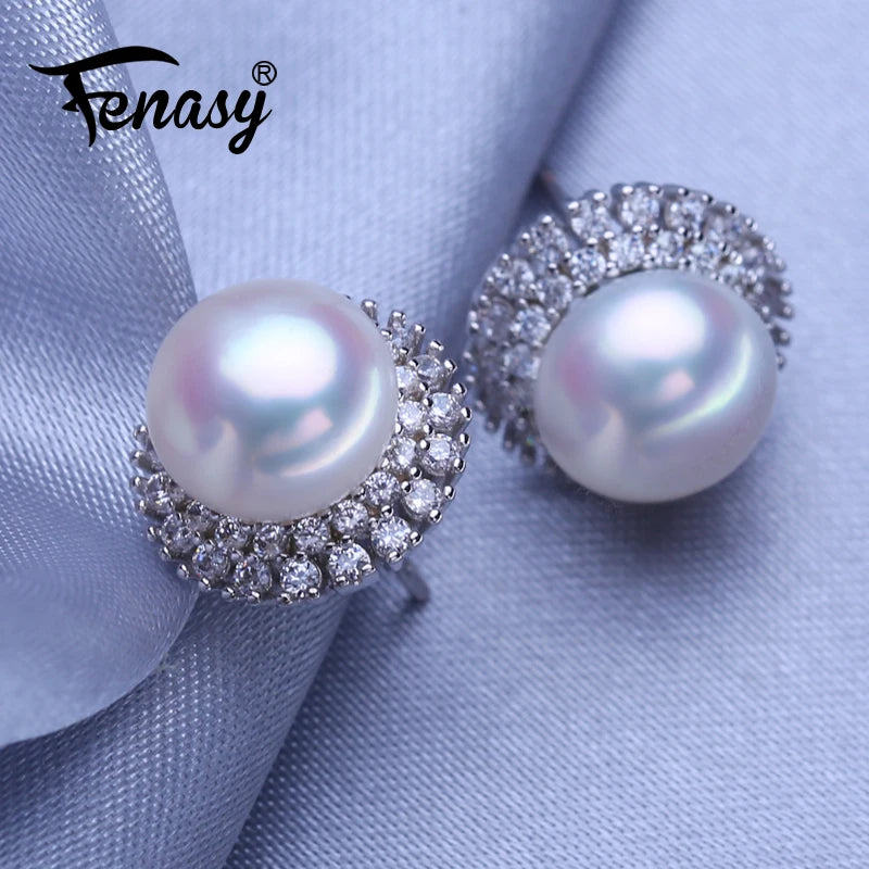 Freshwater Pearl Geometric Silver Stud Earrings Wedding Jewelry
