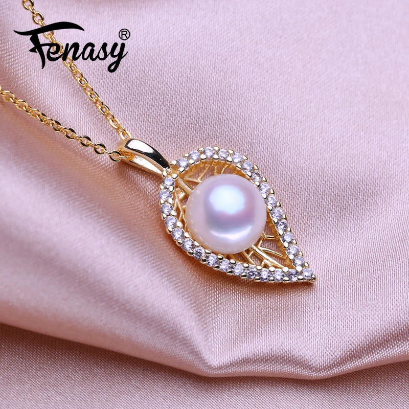 Natural Pearl Necklace Leaf Pendant Chain CZ Choker