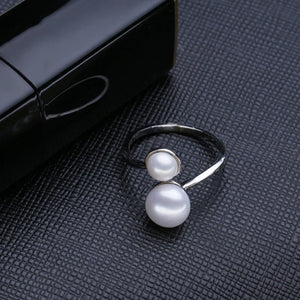 925 Sterling Silver Natural Freshwater Double Pearl Ring for Women
